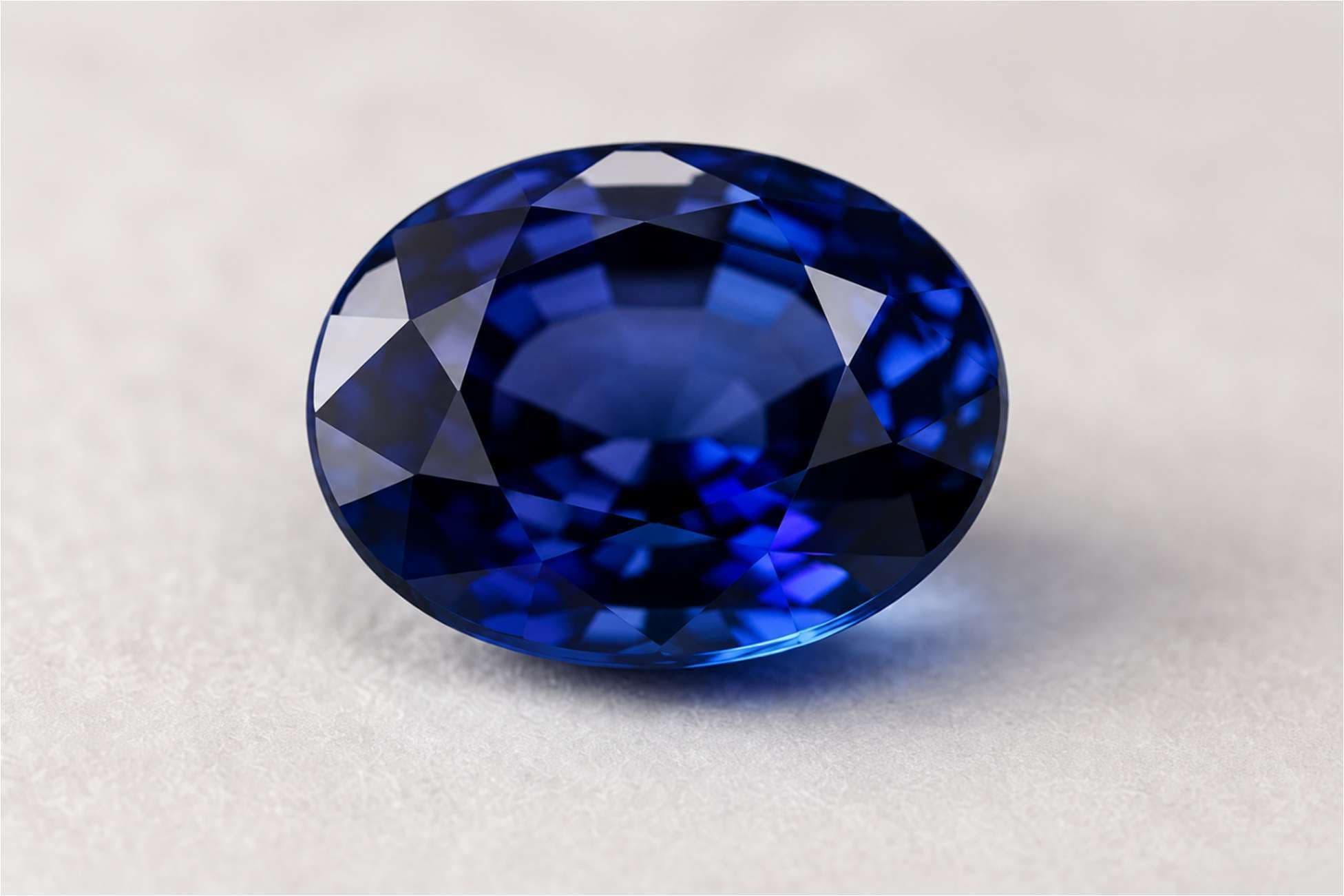 A deep blue oval sapphire on a soft neutral background